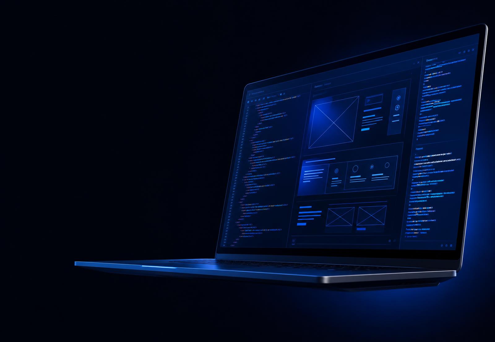 Sleek laptop displaying website code and wireframes in blue tones against a dark background